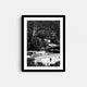 A black and white framed fine art photography print featuring the downtown city area in Santa Barbara, California.