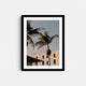 A framed fine art photography print featuring palm trees against a building in Santa Barbara, California.