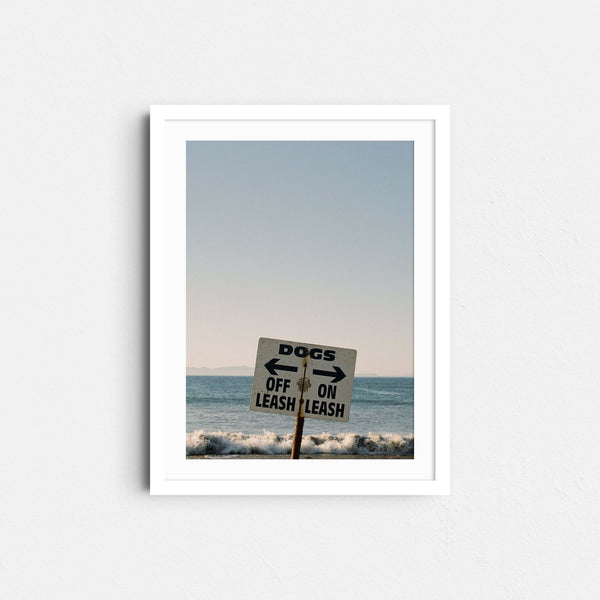 A framed fine art photography print featuring the blue ocean and a sign for dogs on leashes.