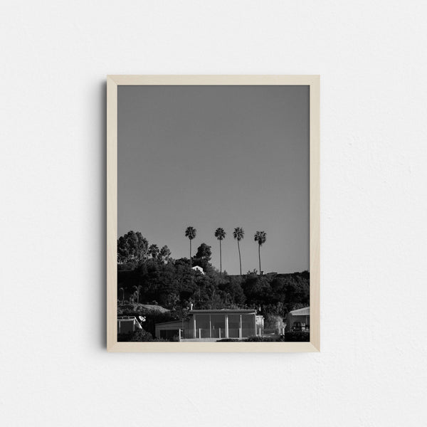 A framed fine art photography print featuring a black and white photo of palm trees and a house in the hills of Malibu, California.